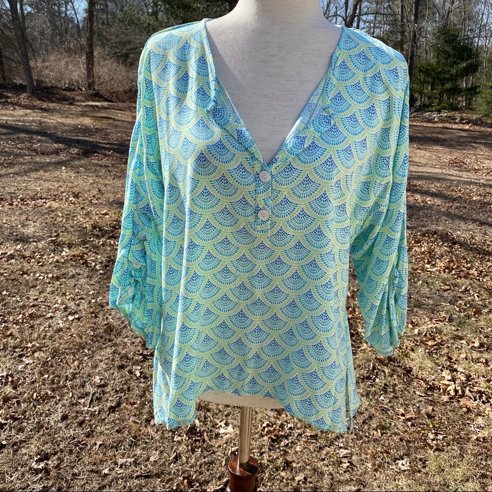 ESCAPADA TOP BLOUSE TUNIC BLUE GREEN WHITE PRINT Size M